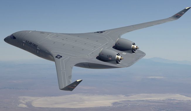 This image provided by the U.S. Air Force shows a rendering of a blended-wing body prototype aircraft. The Air Force has promised $235 million to help start-up manufacturer JetZero build a jet with a blended-wing body that officials say could provide greater range and efficiency for military tankers and cargo planes and perhaps eventually be used to carry airline passengers. JetZero and the Air Force, which announced the award Wednesday, Aug. 16, 2023, say they hope that the full-size demonstrator plane will be ready to fly in 2027. (U.S. Air Force via AP)