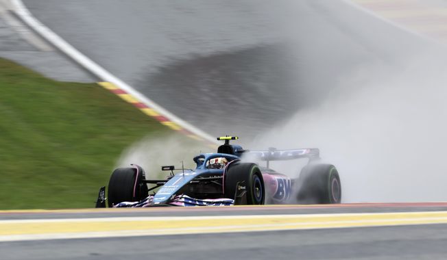Alpine driver Pierre Gasly of France steers his car during the first practice session ahead of the Formula One Grand Prix at the Spa-Francorchamps racetrack in Spa, Belgium, Friday, July 28, 2023. The Belgian Formula One Grand Prix will take place on Sunday. (AP Photo/Geert Vanden Wijngaert)
