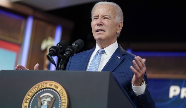 President Joe Biden speaks during an event to announce new measures aimed at helping communities deal with extreme weather, in the South Court Auditorium on the White House Campus, Thursday, July 27, 2023, in Washington. (AP Photo/Evan Vucci)