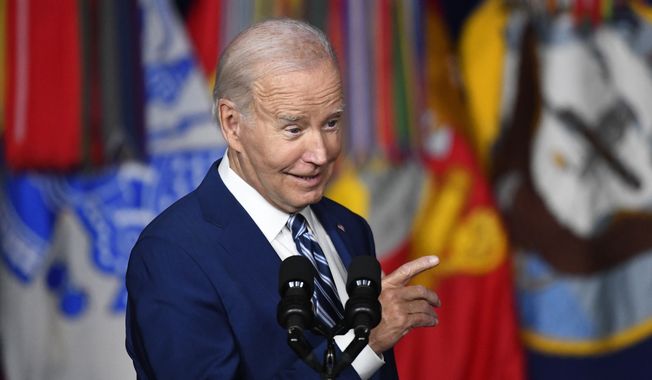 President Joe Biden speaks at the George E. Wahlen Department of Veterans Affairs Medical Center, Thursday, Aug. 10, 2023, in Salt Lake City. Biden is speaking on the one-year anniversary of the PACT Act, which provides new benefits to veterans who were exposed to toxic substances. (AP Photo/Alex Goodlett)