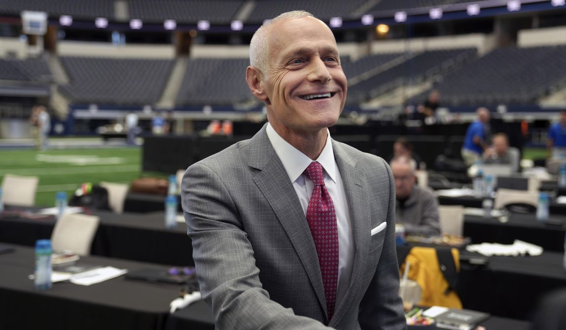 Big 12 Commissioner Brett Yormark smiles before speaking at the opening of the NCAA college football Big 12 media days in Arlington, Texas, July 12, 2023. Colorado is leaving the Pac-12 to return to the conference the Buffaloes jilted a dozen years ago, and the Big 12 celebrated the reunion with a two-word statement released through Yomark: “They’re back.” (AP Photo/LM Otero, File) **FILE**