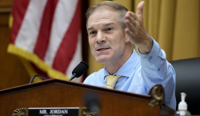 Rep. Jim Jordan, R-Ohio, speaks during a House Judiciary subcommittee hearing on what Republicans say is the politicization of the FBI and Justice Department and attacks on American civil liberties on Capitol Hill in Washington, Thursday, July 20, 2023. (AP Photo/Patrick Semansky)