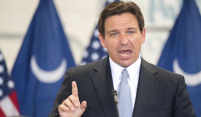 Florida Gov. Ron DeSantis, a Republican presidential candidate, speaks during a press conference at the Celebrate Freedom Foundation Hangar in West Columbia, S.C., Tuesday, July 18, 2023. DeSantis visited South Carolina to file his 2024 candidacy for president. (AP Photo/Sean Rayford)