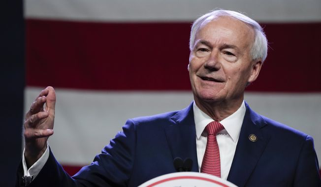 Republican presidential candidate former Arkansas Gov. Asa Hutchinson speaks at the Republican Party of Iowa&#x27;s 2023 Lincoln Dinner in Des Moines, Iowa, Friday, July 28, 2023. (AP Photo/Charlie Neibergall)