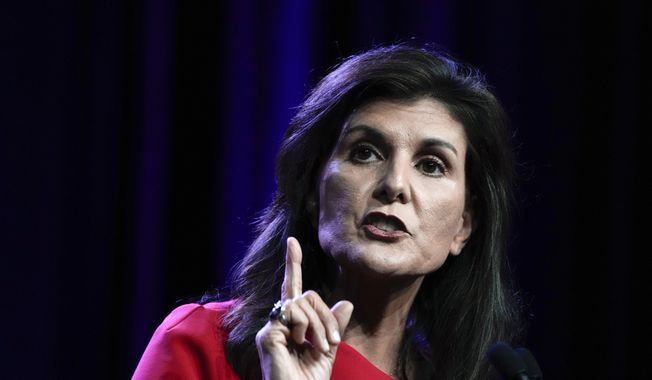 Republican presidential candidate former U.N. Ambassador Nikki Haley speaks at the Republican Party of Iowa&#x27;s 2023 Lincoln Dinner in Des Moines, Iowa, Friday, July 28, 2023. (AP Photo/Charlie Neibergall) ** FILE **