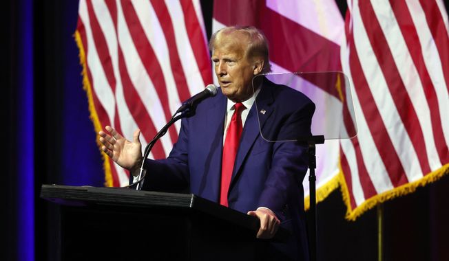 Former President Donald Trump speaks at a fundraiser event for the Alabama GOP, Friday, Aug. 4, 2023, in Montgomery, Ala. (AP Photo/Butch Dill)