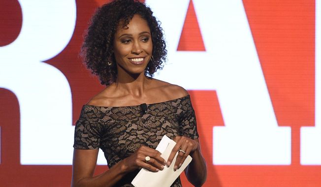Sage Steele speaks at the 15th annual High School Athlete of the Year Awards in Marina del Rey, Calif., July 11, 2017. ESPN and host Sage Steele have settled the lawsuit she filed after disciplined for comments she made about the COVID-19 vaccine and parted ways. Steele posted on social media Tuesday, Aug. 15, 2023, that she is leaving the company in order to speak more freely. (AP Photo/Chris Pizzello, File)