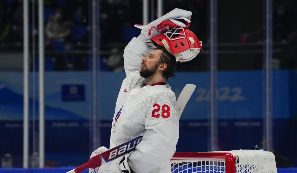 Russian Olympic Committee goalkeeper Ivan Fedotov (28) reacts after a goal by Finland&#x27;s Hannes Bjorninen during the men&#x27;s gold medal hockey game at the 2022 Winter Olympics, Sunday, Feb. 20, 2022, in Beijing. The International Ice Hockey Federation has ruled in favor of the Philadelphia Flyers by agreeing that Russian goaltender Ivan Fedotov had a valid NHL contract for the upcoming season. The decision rendered Monday, Aug. 14, 2023, paves the way for Fedotov to play in North America, like he planned to do a year ago before being conscripted into the Russian military. (AP Photo/Petr David Josek, File) **FILE**