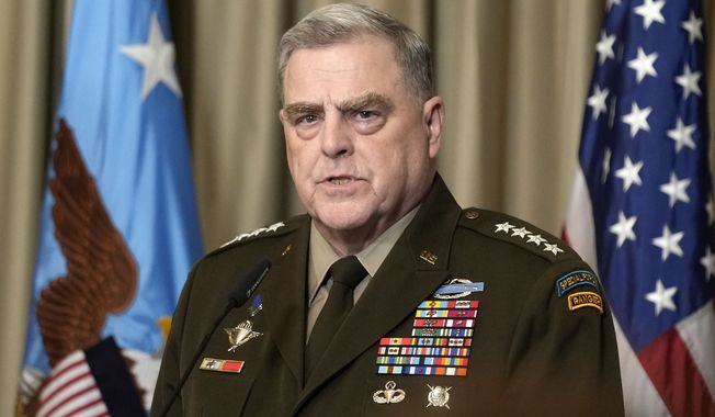 Chairman of the Joint Chiefs of Staff Mark Milley talks to the media after the meeting of the &#x27;Ukraine Defense Contact Group&#x27; at Ramstein Air Base in Ramstein, Germany, Friday, April 21, 2023. (AP Photo/Matthias Schrader)