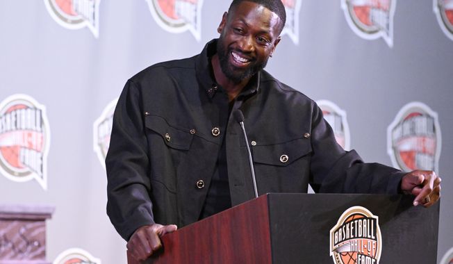 Basketball Hall of Fame Class of 2023 inductee Dwyane Wade speaks at an NBA news conference at Mohegan Sun, Friday, Aug. 11, 2023, in Uncasville, Conn. (AP Photo/Jessica Hill)