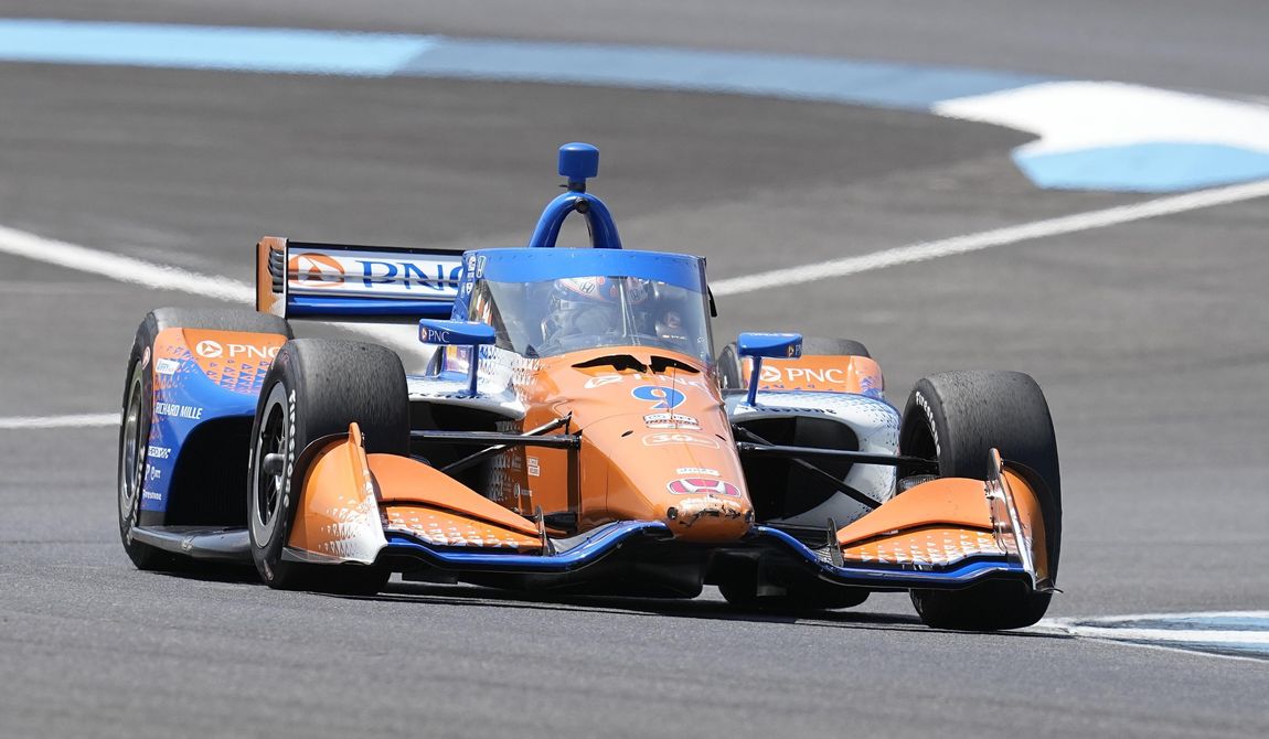 Scott Dixon, of New Zealand, drives during the IndyCar Indianapolis GP auto race at Indianapolis Motor Speedway, Saturday, Aug. 12, 2023, in Indianapolis. (AP Photo/Darron Cummings)