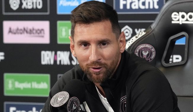 Inter Miami&#x27;s Lionel Messi answers a question during a soccer news conference, Thursday, Aug. 17, 2023, in Fort Lauderdale, Fla. (AP Photo/Marta Lavandier)
