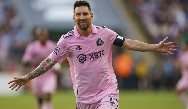 Inter Miami&#x27;s Lionel Messi celebrates his goal against the Philadelphia Union during the first half of a Leagues Cup soccer semifinal Tuesday, Aug. 15, 2023, in Chester, Pa. (AP Photo/Chris Szagola)