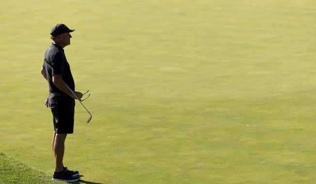 Captain Phil Mickelson of HyFlyers GC waits on the 18th green during the final round of LIV Golf Bedminster at the Trump National Golf Club on Sunday, August 13, 2023 in Bedminster, New Jersey. (Photo by Scott Taetsch/LIV Golf via AP)
