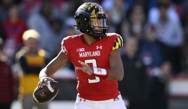 FILE - Maryland quarterback Taulia Tagovailoa (3) plays during the first half of an NCAA college football game against Rutgers, Saturday, Nov. 26, 2022, in College Park, Md. Maryland opens their season at home against Towson on Sept. 2.(AP Photo/Nick Wass, File)