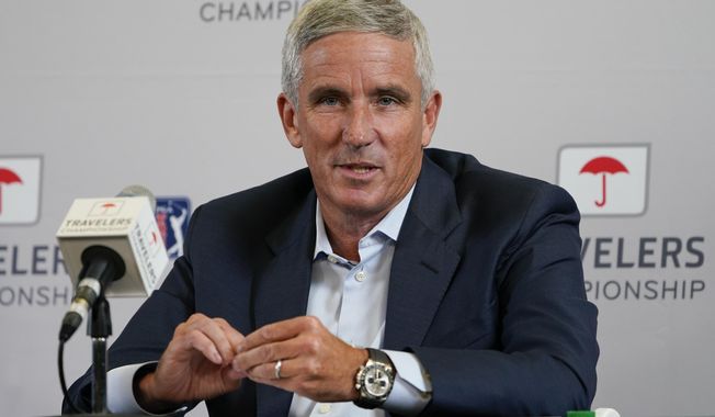 PGA Tour Commissioner Jay Monahan speaks during a news conference before the Travelers Championship golf tournament at TPC River Highlands, in Cromwell, Conn., June 22, 2022. Back to full health, Monahan said Wednesday, Aug. 9, 2023, the PGA Tour is on the right path to finalize a deal with the Saudi backers of LIV Golf and that whether he&#x27;s the best person to lead the tour will depend on the results. Monahan spoke publicly for the first time since he returned to work July 17, having stepped away for three weeks with what he described as anxiety that had been building up over time. (AP Photo/Seth Wenig, File)