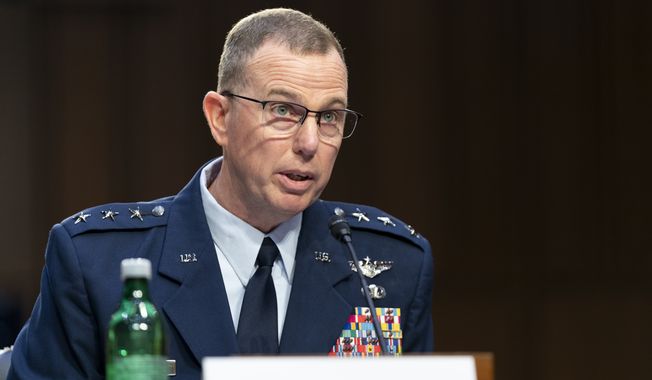 Air Force Lt. Gen. Gregory Guillot testifies during a Senate Armed Services Committee hearing to examine his nomination to be appointed to the grade of general and to be top commander of the North American Aerospace Defense Command, Wednesday, July 26, 2023, on Capitol Hill in Washington. (AP Photo/Stephanie Scarbrough)