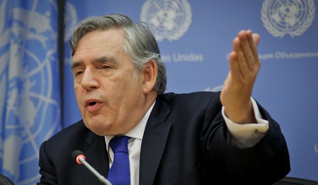 Gordon Brown, United Nations Special Envoy for Global Education and former Prime Minister of the United Kingdom, holds a news conference at U.N. headquarters, on Sept. 16, 2016. Brown told a virtual U.N. press conference on the second anniversary of the Taliban takeover of Afghanistan on Tuesday, Aug. 15, 2023, that its rulers are responsible for “the most egregious, vicious and indefensible violation of women’s rights and girls’ rights in the world today.” (AP Photo/Bebeto Matthews, File)
