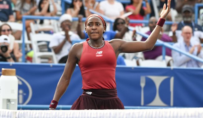World No. 7 Coco Gauff of the United States celebrates winning a point against eighth-seeded Liudmila Samsonova of Russia in their semifinal match at the D.C. Open, Sat., Aug. 5, 2017, in Washington, D.C. Gauff advanced 6-3, 6-3. (Billy Sabatini/All-Pro Reels)